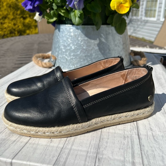 Abeo Shoes - Black Leather Espadrille Slip-On Shoes - Women